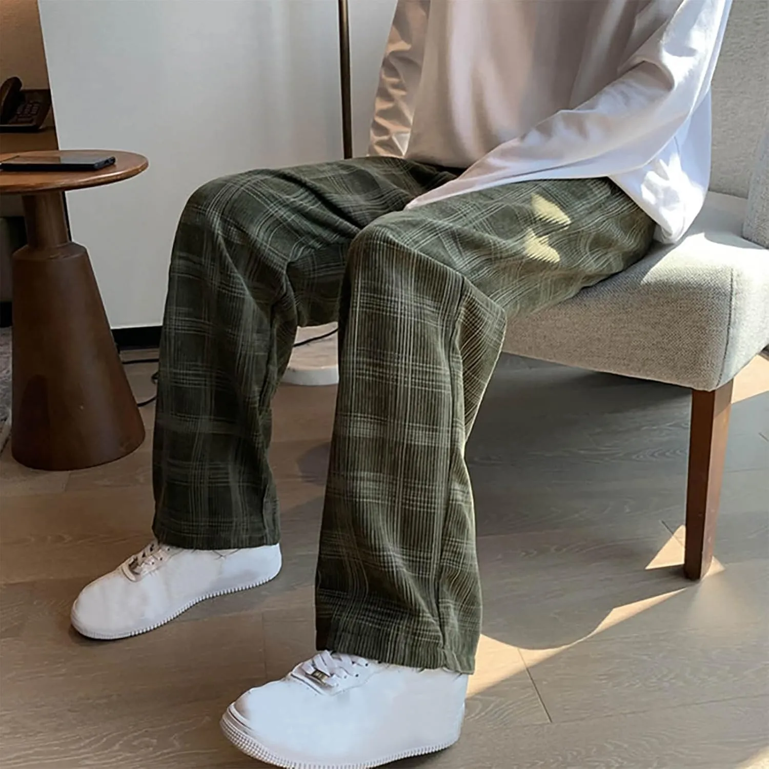 Men's Corduroy Plaid Pants Baggy Sweatpants Loose Straight Wide Leg Athletic Running Pants with Pockets