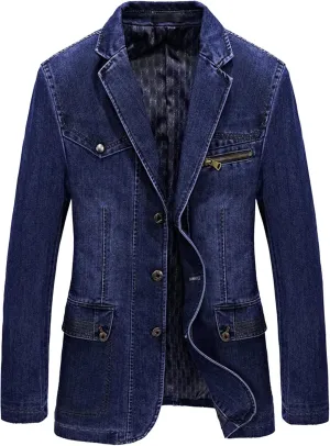 Men's Cowboy Denim Blazer Jacket Classic Notched Collar 3 Button Coat Tailoring Distressed Casual Coats