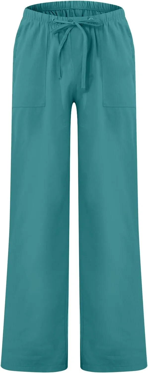 Mens Jogging Pants Men Dress Pants Loose Casual Solid Color Cotton Linen Trousers Elastic Tie Printed Straight Pants