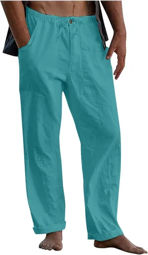 Mens Jogging Pants Men Dress Pants Loose Casual Solid Color Cotton Linen Trousers Elastic Tie Printed Straight Pants