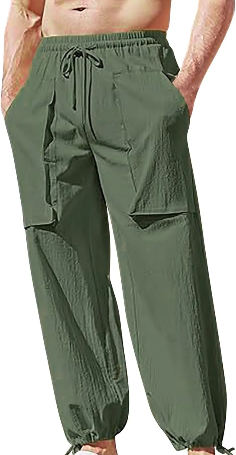 Mens Linen Cargo Pants Casual Drawstring Summer Beach Pants Elastic Waist Yoga Jogger Pants with Pockets