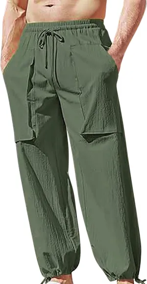 Mens Linen Cargo Pants Casual Drawstring Summer Beach Pants Elastic Waist Yoga Jogger Pants with Pockets