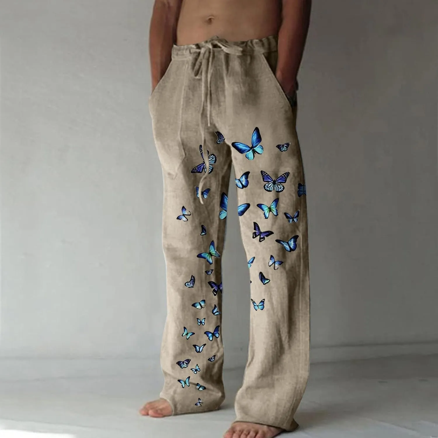 Mens Linen Drawstring Pants Elastic Waist Lightweight Trouser Casual Yoga Summer Beach Pant