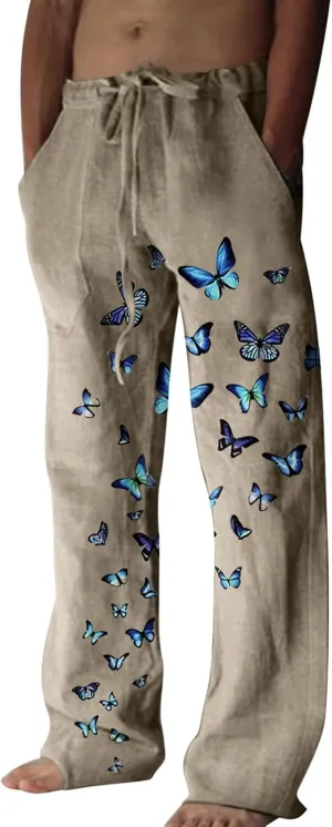 Mens Linen Drawstring Pants Elastic Waist Lightweight Trouser Casual Yoga Summer Beach Pant