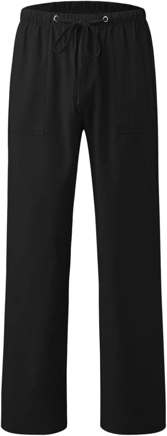 Men's Linen Pants Elastic Drawstring Casual Loose Fit Beach Summer Trousers Lightweight Slacks Yoga Outfits