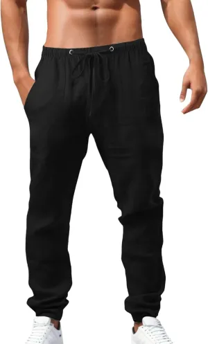 Men's Linen Pants Elastic Drawstring Casual Loose Fit Beach Summer Trousers Lightweight Slacks Yoga Outfits
