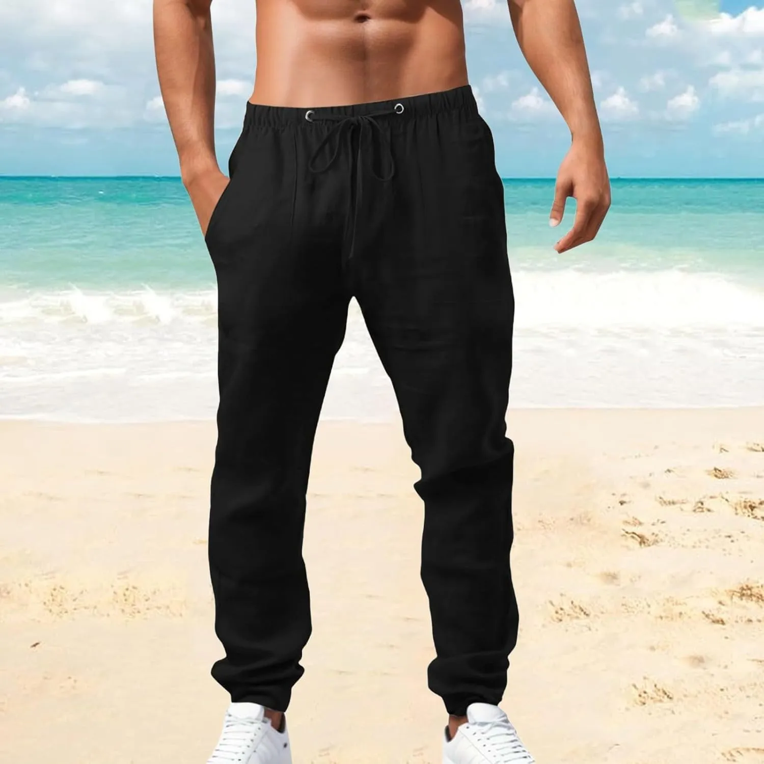 Men's Linen Pants Elastic Drawstring Casual Loose Fit Beach Summer Trousers Lightweight Slacks Yoga Outfits