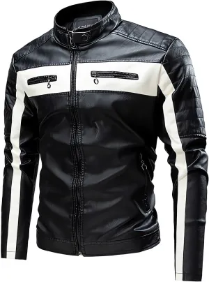 Mens Motorcycle Jacket Stand Collar Faux Leather Racing Jackets Lightweight Color Block Biker Coat