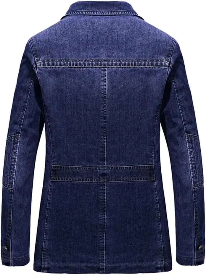 Mens Multi Pocket Denim Suits Jacket Spring Cowboy Westerner Business Blazer