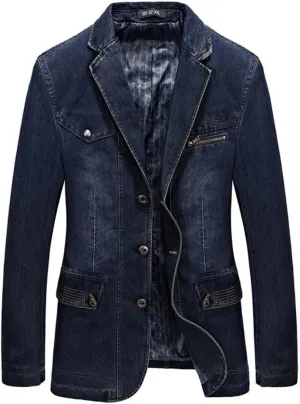 Mens Multi Pocket Denim Suits Jacket Spring Cowboy Westerner Business Blazer