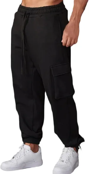 Mens Open Leg Straight Heavyweight Stretch Elastic Waist Drawstring Baggy Cargo Casual Athletic Work Jogger Pants