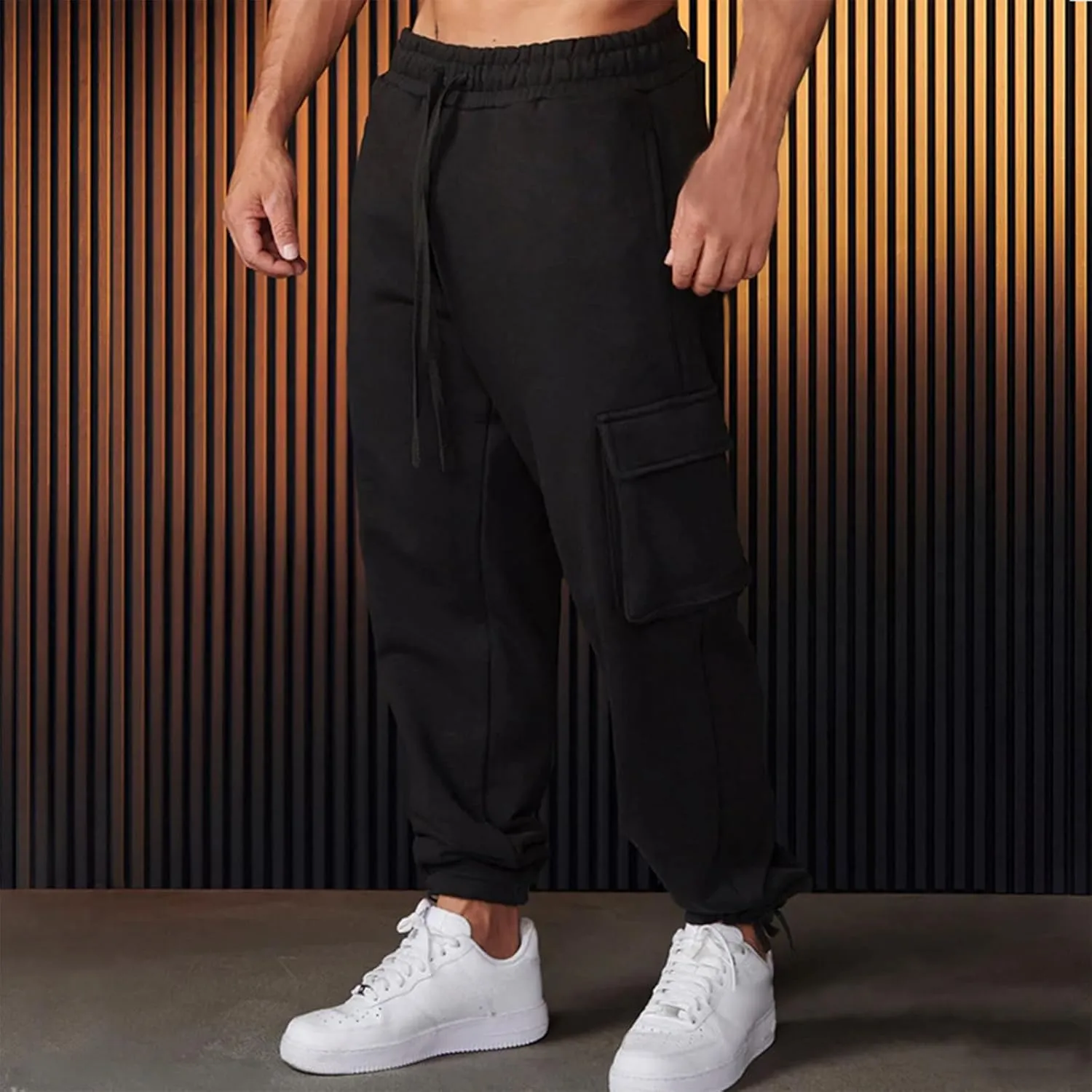 Mens Open Leg Straight Heavyweight Stretch Elastic Waist Drawstring Baggy Cargo Casual Athletic Work Jogger Pants