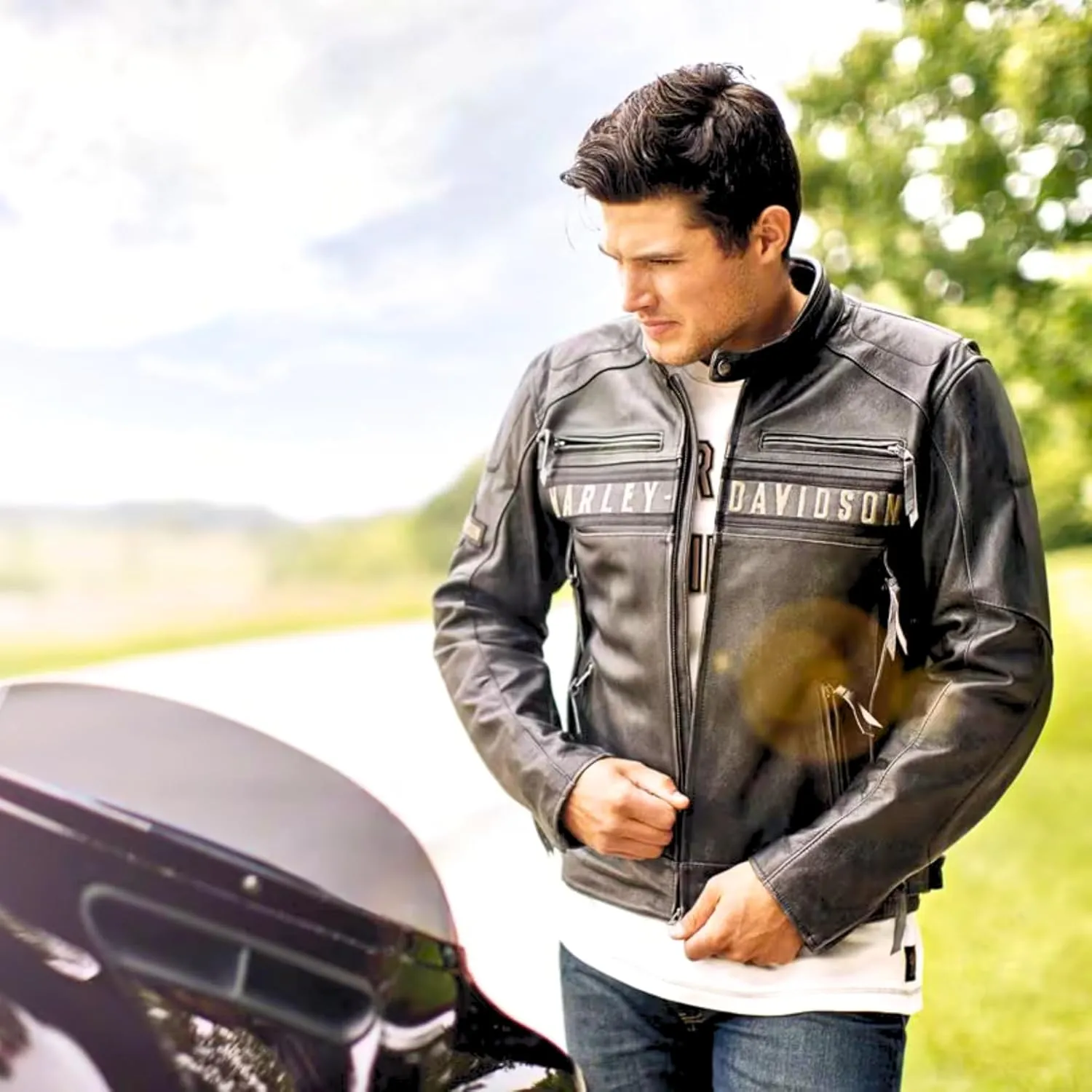 Mens Passing Link Biker Jacket  Triple Vents Moto Cafe Racer Black Motorcycle Jacket