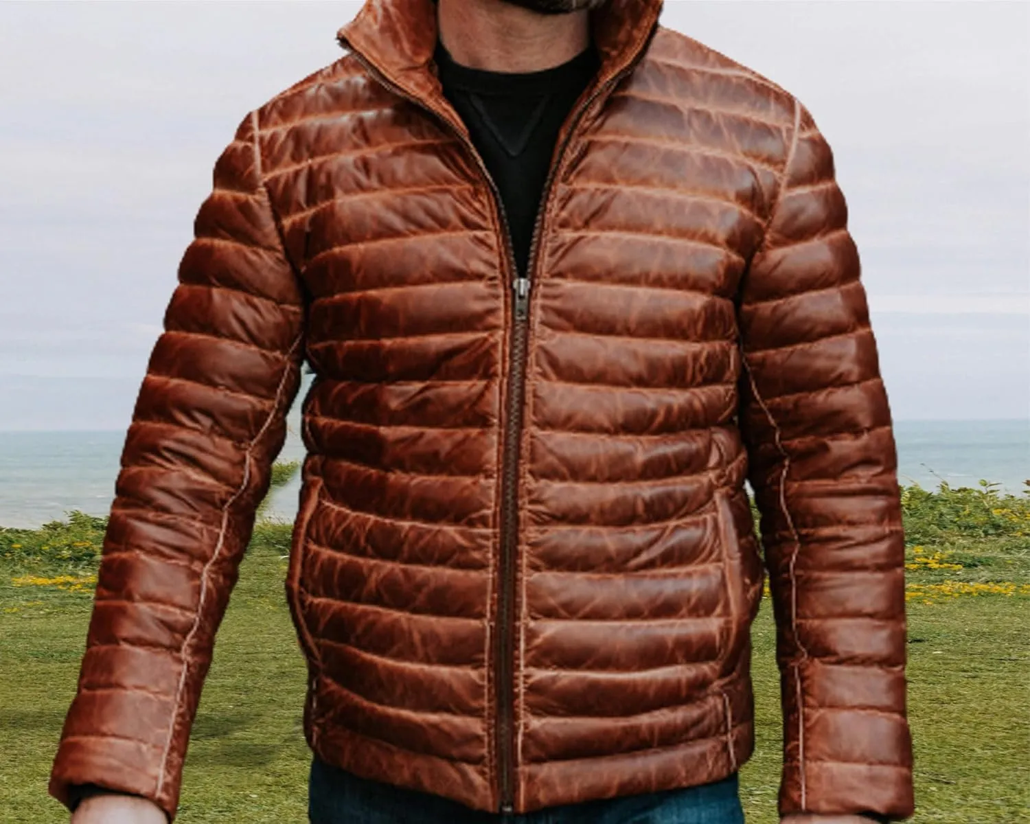 Men's Puffer Lambskin Genuine Leather Distressed Brown Classic Goosy Down Jacket