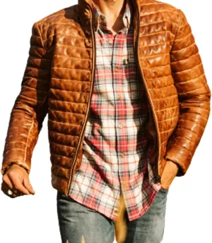 Men's Puffer Lambskin Genuine Leather Distressed Brown Classic Goosy Down Jacket