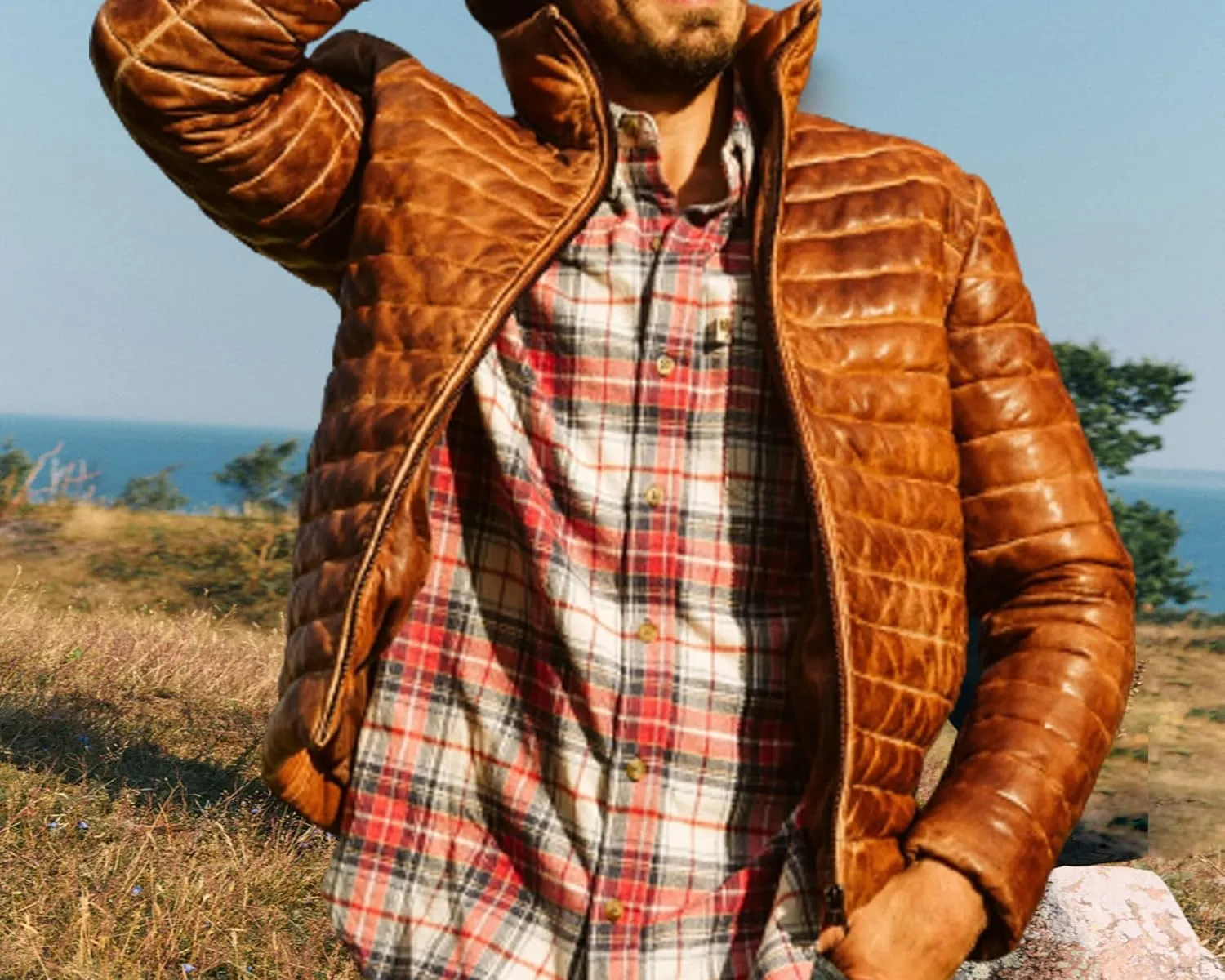 Men's Puffer Lambskin Genuine Leather Distressed Brown Classic Goosy Down Jacket