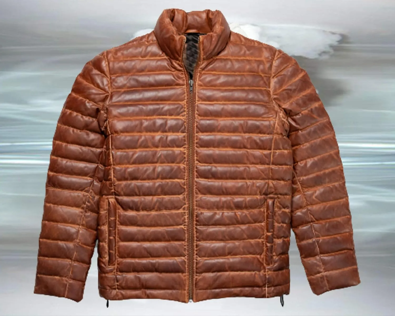 Men's Puffer Lambskin Genuine Leather Distressed Brown Classic Goosy Down Jacket