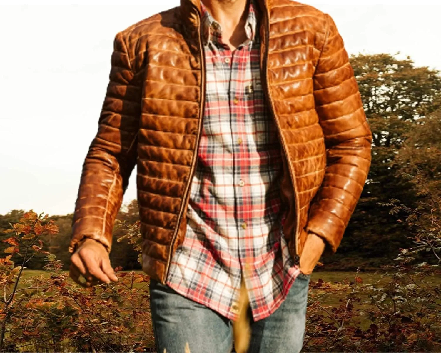 Men's Puffer Lambskin Genuine Leather Distressed Brown Classic Goosy Down Jacket