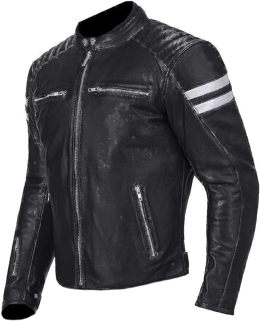 Mens Stripe Biker Retro Leather Jacket Cafe Racer Leather Jacket Genuine Motorcycle Leather jacket men