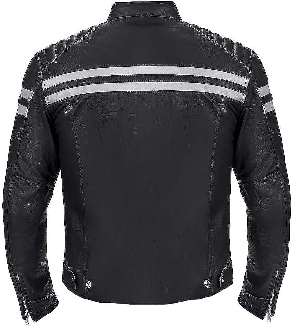 Mens Stripe Biker Retro Leather Jacket Cafe Racer Leather Jacket Genuine Motorcycle Leather jacket men