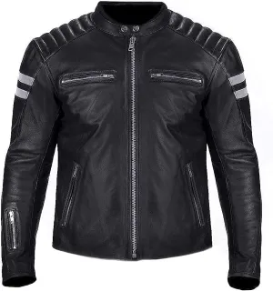 Mens Stripe Biker Retro Leather Jacket Cafe Racer Leather Jacket Genuine Motorcycle Leather jacket men
