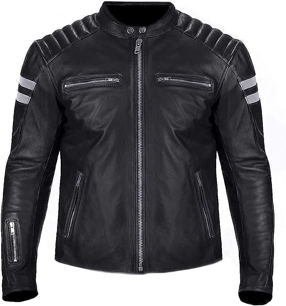 Mens Stripe Biker Retro Leather Jacket Cafe Racer Leather Jacket Genuine Motorcycle Leather jacket men