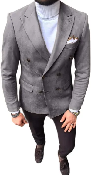 Mens Suit Blazer Leather Double Breasted Suede Wear Coat Slim Fit Single Jacket