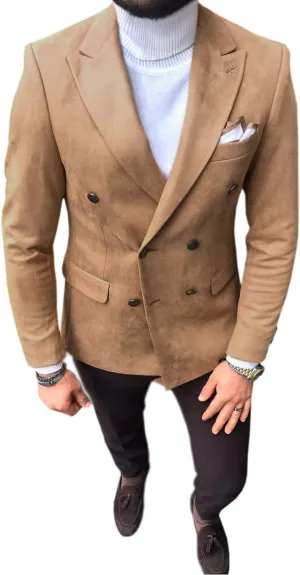 Mens Suit Blazer Leather Double Breasted Suede Wear Coat Slim Fit Single Jacket