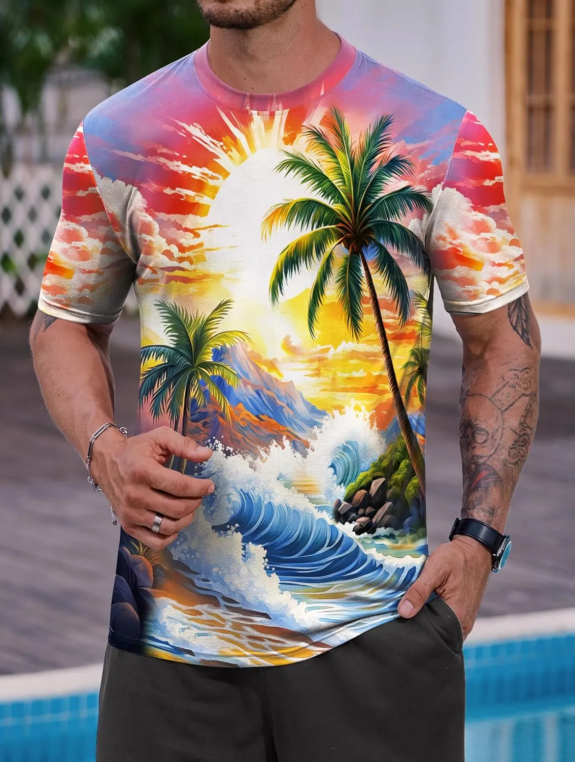 Men's Summer Graphic Shirts Crew Neck Short Sleeve Tropical Ombre Tee Shirt (S-2XL)