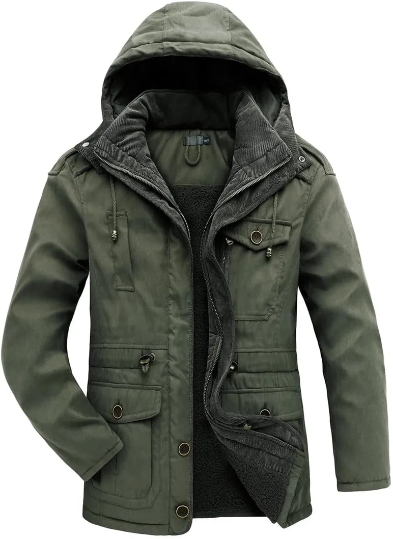 Men's Thicken Parkas Winter Fleece Hooded Coat Military Jacket Outdoor Cotton Padded Windbreaker