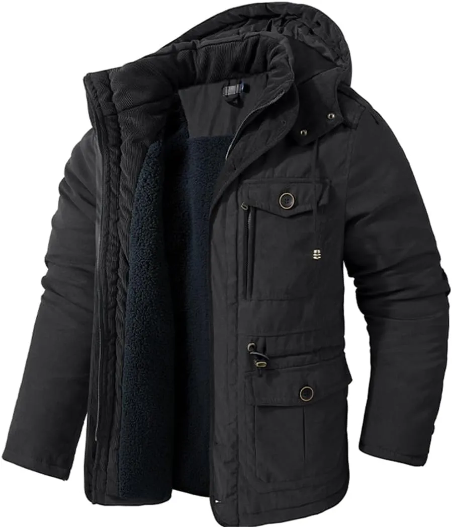 Men's Thicken Parkas Winter Fleece Hooded Coat Military Jacket Outdoor Cotton Padded Windbreaker