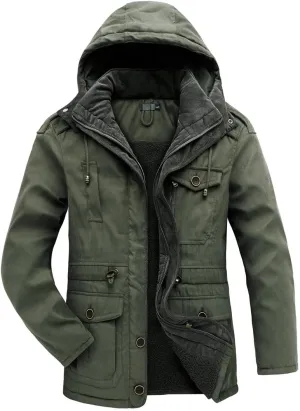 Men's Thicken Parkas Winter Fleece Hooded Coat Military Jacket Outdoor Cotton Padded Windbreaker