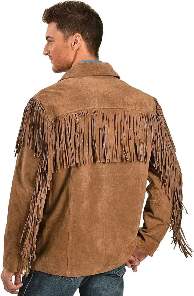 Mens Traditional Western Fringed Suede Leather Jacket | Classic Native American Jacket Coat with Fringed