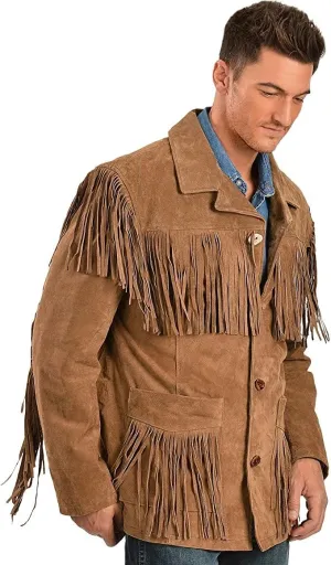 Mens Traditional Western Fringed Suede Leather Jacket | Classic Native American Jacket Coat with Fringed