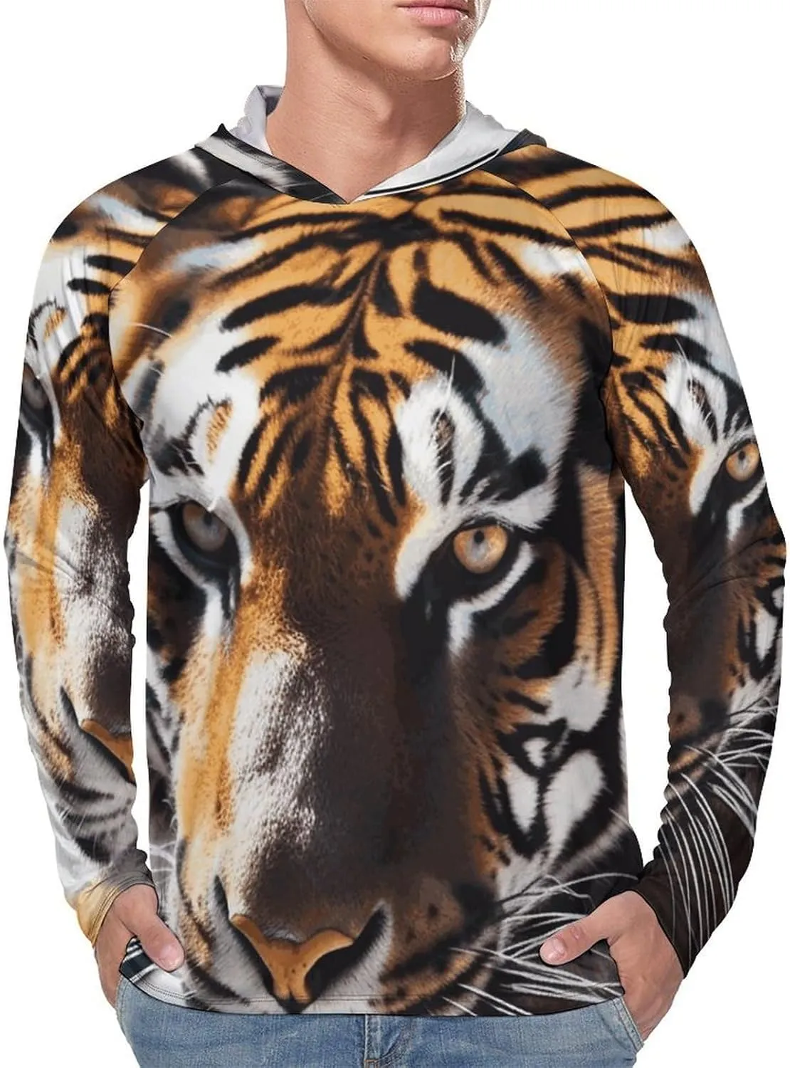 Men's UPF 50  Sun Protection Hoodie Outdoor UV Shirts Wild Animal Tiger Long Sleeve Quick Dry Fishing Hiking Shirt