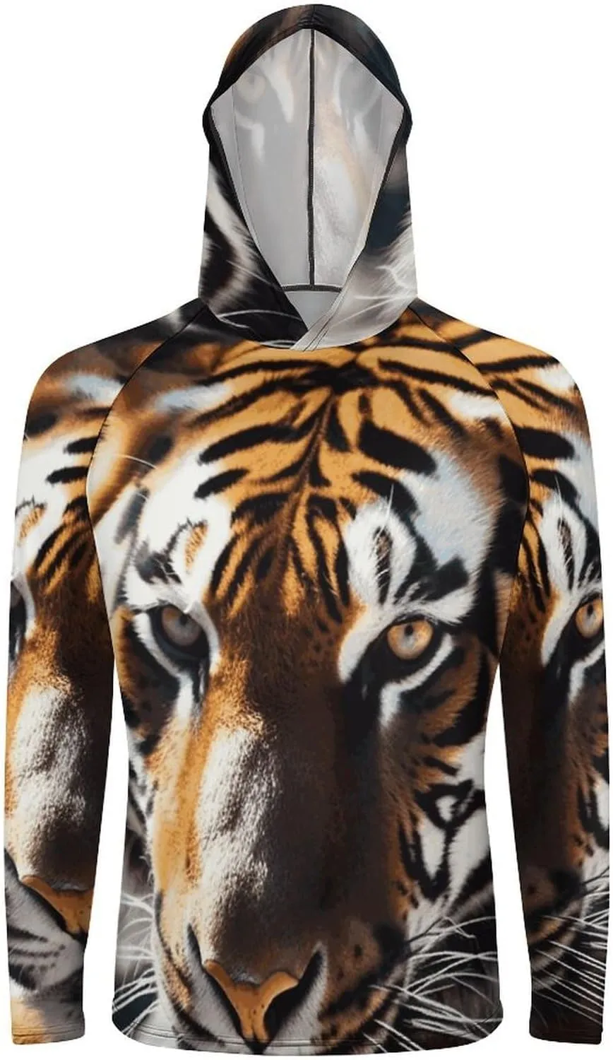 Men's UPF 50  Sun Protection Hoodie Outdoor UV Shirts Wild Animal Tiger Long Sleeve Quick Dry Fishing Hiking Shirt