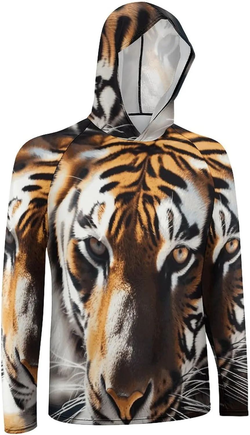 Men's UPF 50  Sun Protection Hoodie Outdoor UV Shirts Wild Animal Tiger Long Sleeve Quick Dry Fishing Hiking Shirt
