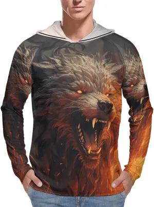 Men's UPF 50  Sun Protection Hoodie Outdoor UV Shirts Wild Wolf in The Fire Long Sleeve Quick Dry Fishing Hiking Shirt 2XL