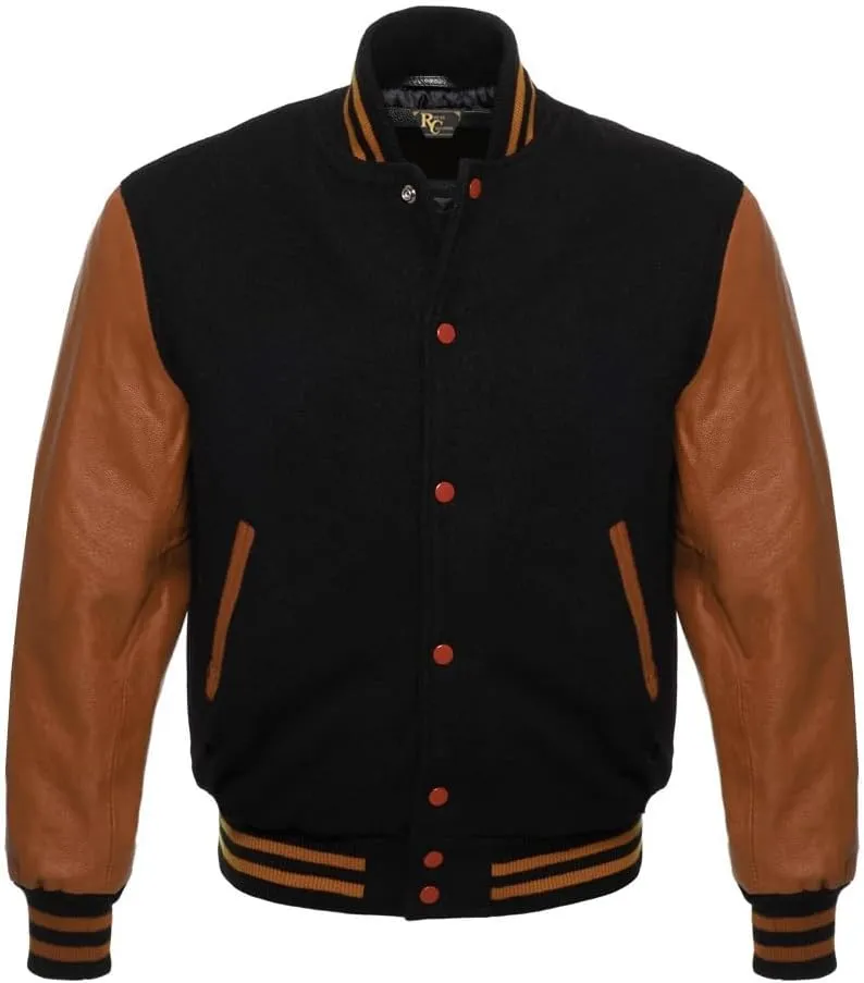 Men's Varsity Letterman Black Wool & Genuine Tewelve Colour Leather Sleeves Bomber Style Baseball Jacket