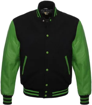 Men's Varsity Letterman Black Wool & Genuine Tewelve Colour Leather Sleeves Bomber Style Baseball Jacket
