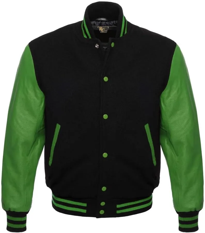 Men's Varsity Letterman Black Wool & Genuine Tewelve Colour Leather Sleeves Bomber Style Baseball Jacket