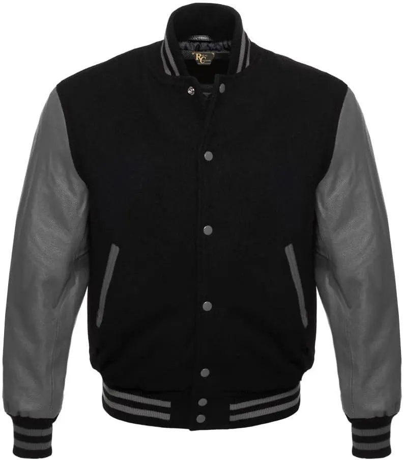 Men's Varsity Letterman Black Wool & Genuine Tewelve Colour Leather Sleeves Bomber Style Baseball Jacket