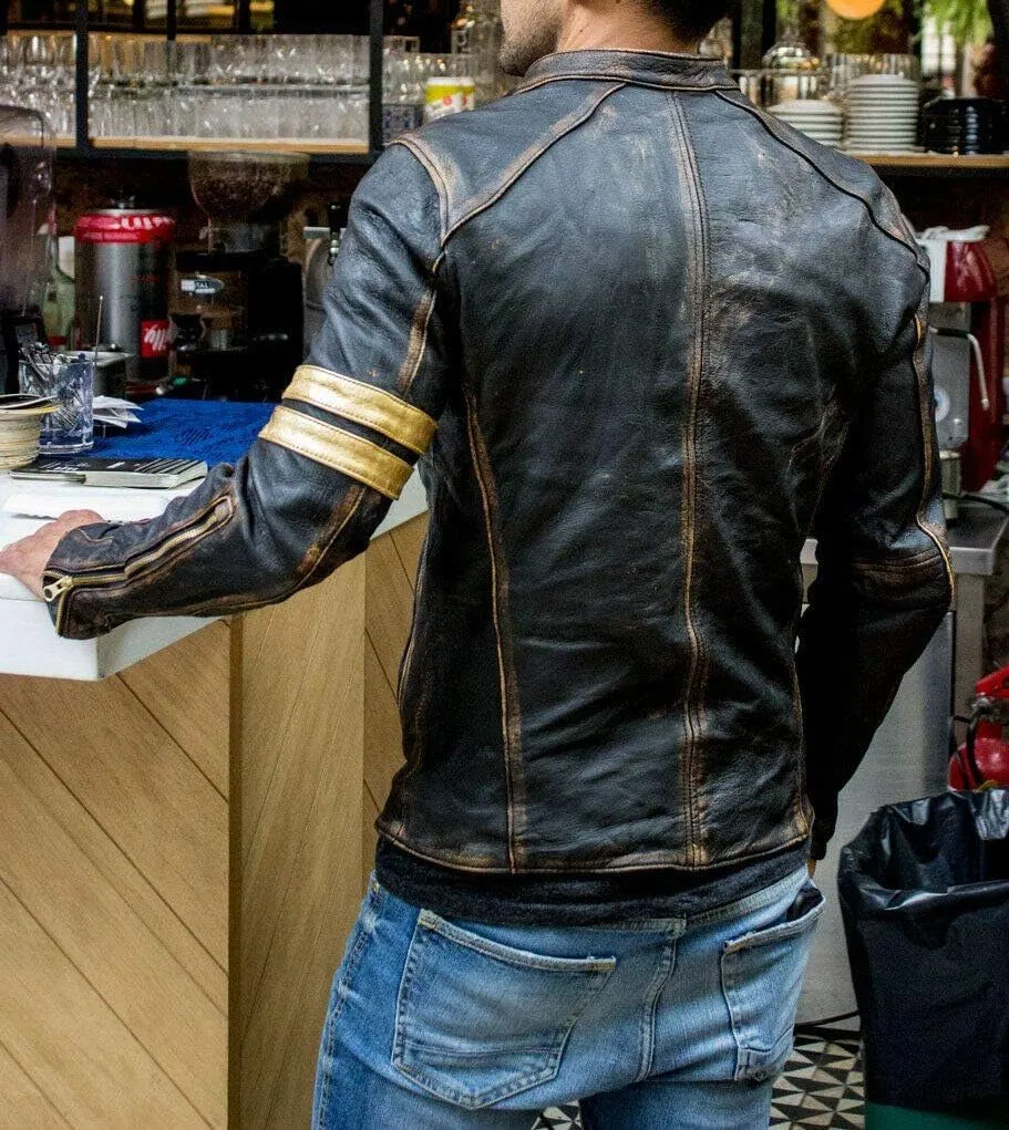 Men's Vintage Cafe Racer Distressed Black Leather Jacket Motorcycle Vintage Leather Jacket For Men
