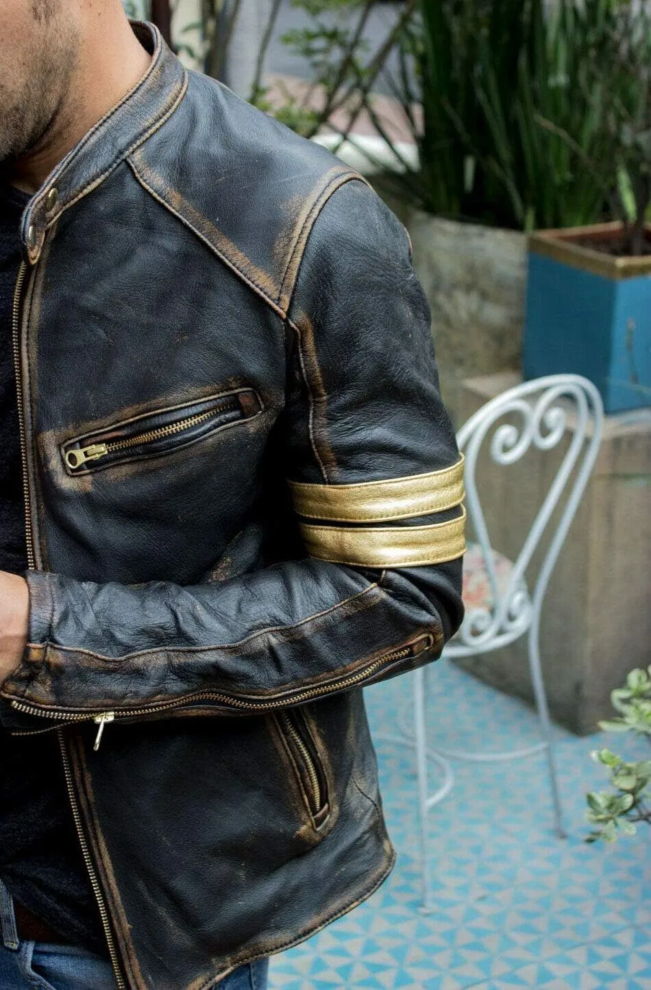 Men's Vintage Cafe Racer Distressed Black Leather Jacket Motorcycle Vintage Leather Jacket For Men