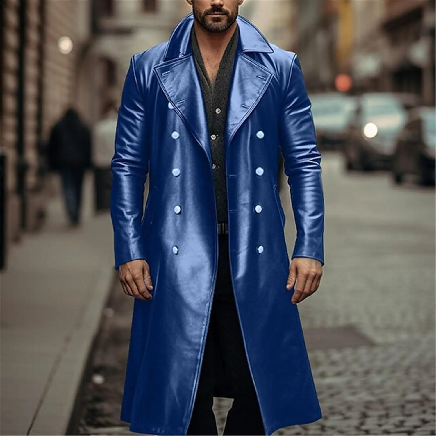 Men's Vintage Medieval PU Leather Long Trench Coats Notch Lapel Long Sleeve Double Breasted Windbreaker Jackets