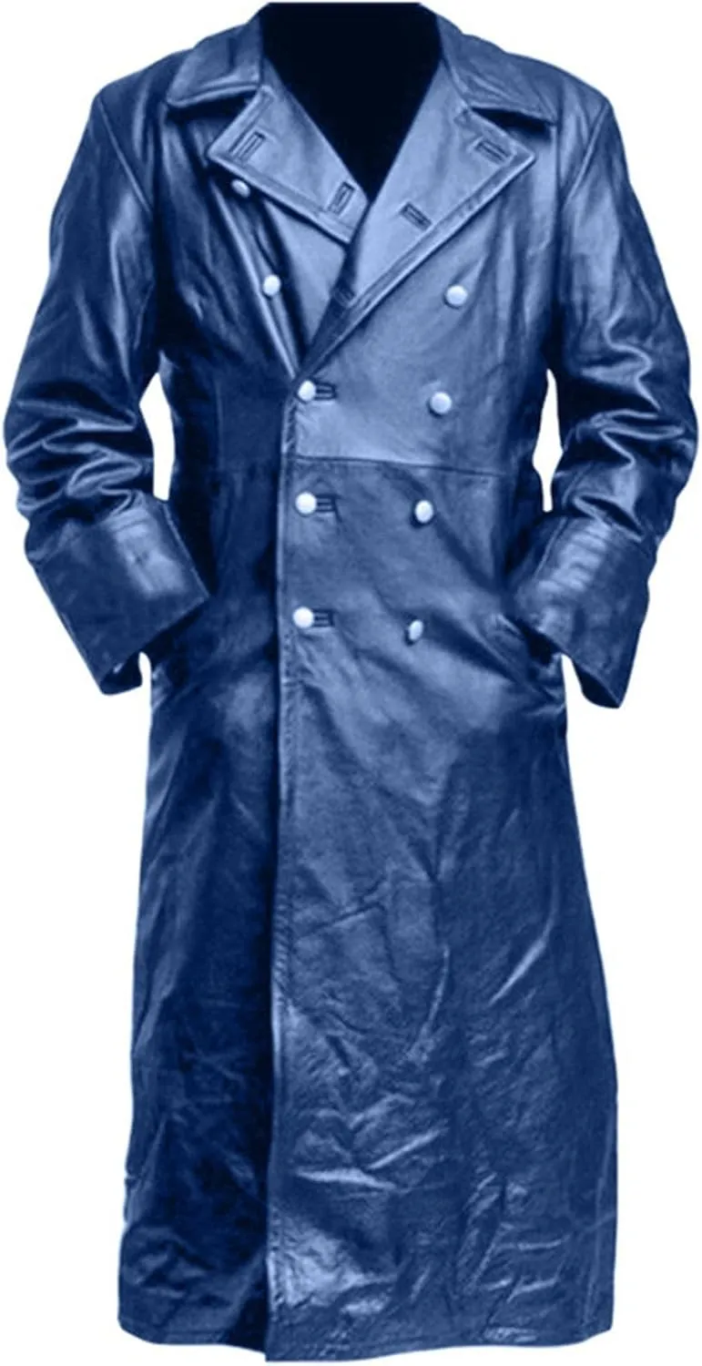 Men's Vintage Medieval PU Leather Long Trench Coats Notch Lapel Long Sleeve Double Breasted Windbreaker Jackets