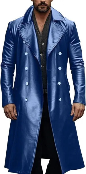 Men's Vintage Medieval PU Leather Long Trench Coats Notch Lapel Long Sleeve Double Breasted Windbreaker Jackets