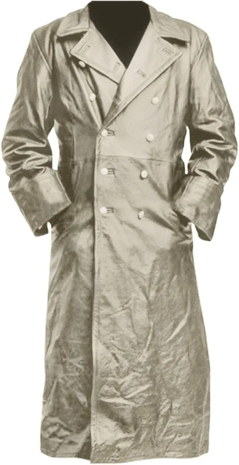 Men's Vintage Medieval PU Leather Long Trench Coats Notch Lapel Long Sleeve Double Breasted Windbreaker Jackets