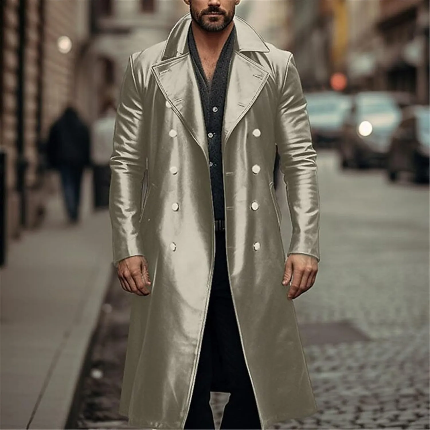 Men's Vintage Medieval PU Leather Long Trench Coats Notch Lapel Long Sleeve Double Breasted Windbreaker Jackets