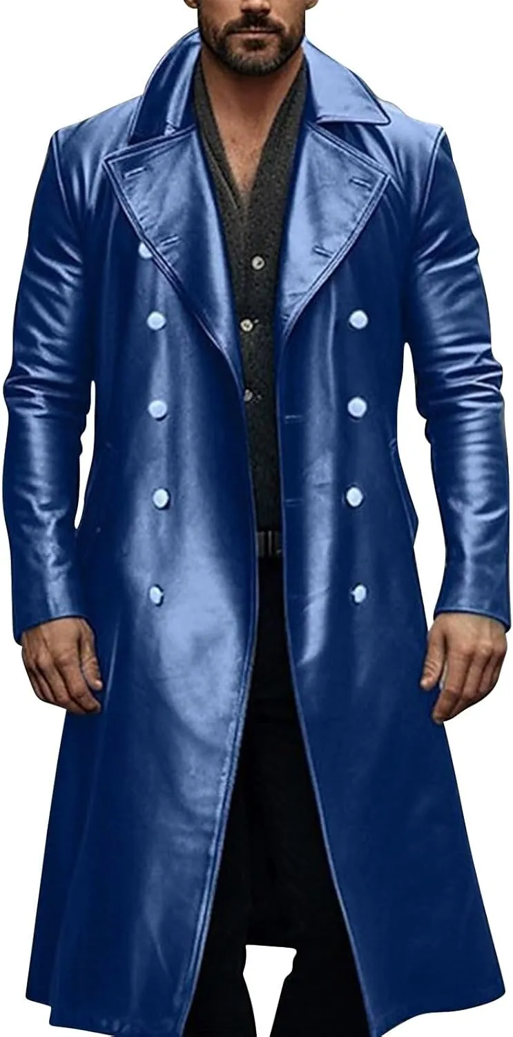Men's Vintage Medieval PU Leather Long Trench Coats Notch Lapel Long Sleeve Double Breasted Windbreaker Jackets